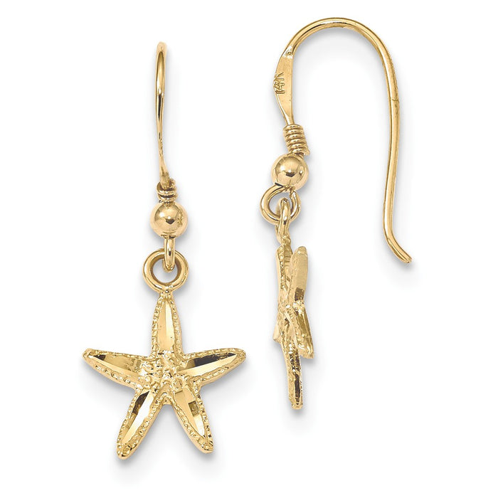 Million Charms 14k Yellow Gold Polished & Textured Diamond-cut Starfish Shepherd Hook Earrings, 30mm x 12mm