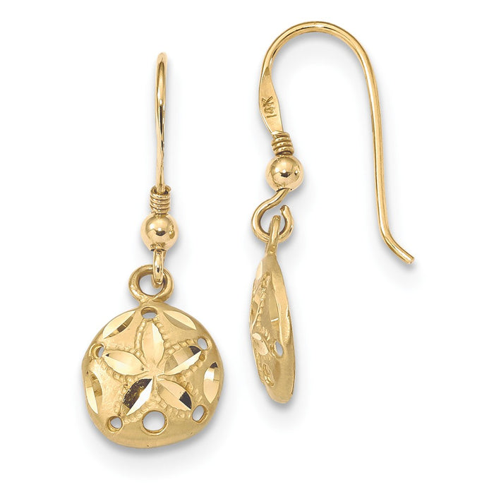 Million Charms 14k Yellow Gold Polished & Satin Diamond-cut Sand Dollar Shepherd Hook Earrings, 29.5mm x 10.5mm