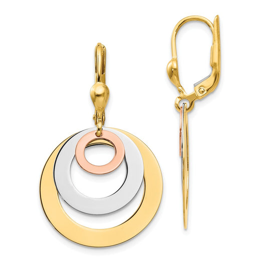Million Charms 14k Tri-color Circle Leverback Dangle Earrings, 36mm x 20mm