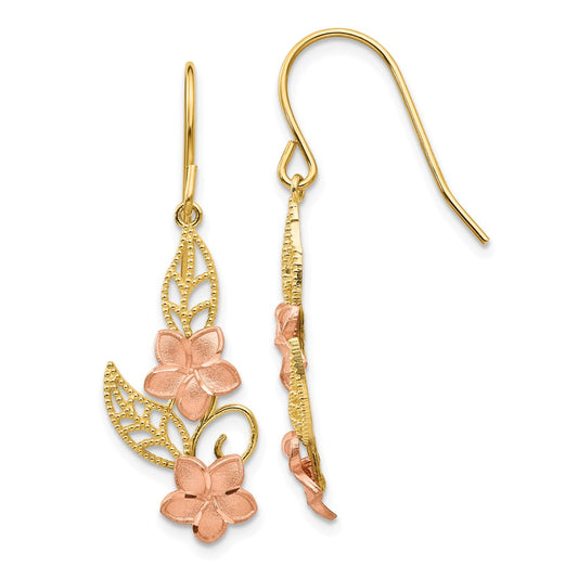 Million Charms 14K Two-tone Fancy Plumeria Dangle Earrings, 34mm x 11mm