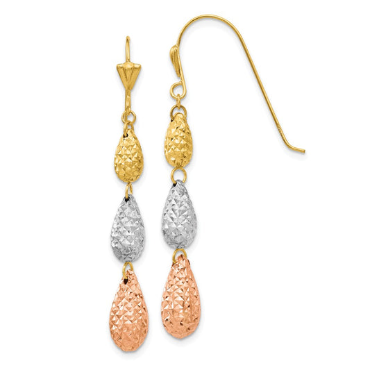 Million Charms 14k Tri-color Puff Teardrop Dangle Earrings, 45mm x 6mm