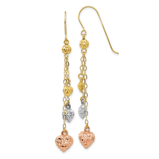Million Charms 14k Tri-color Puff Heart Dangle Earrings, 59mm x 8mm