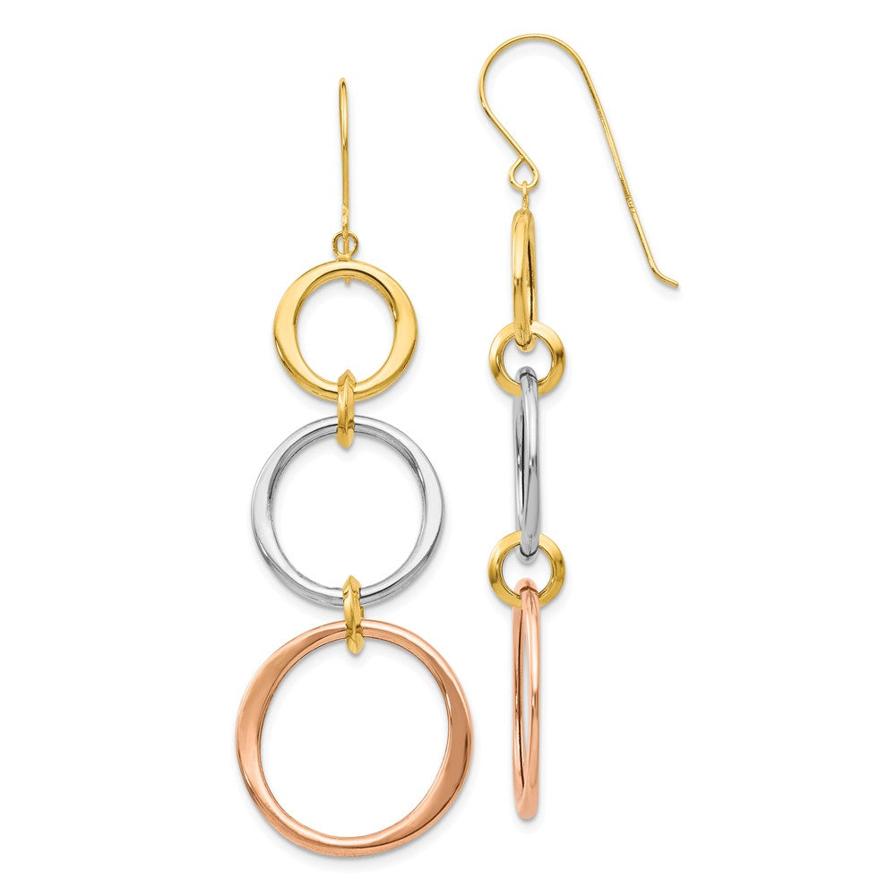 Million Charms 14k Tri-color Triple Circle Dangle Earrings, 61mm x 19mm