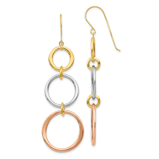 Million Charms 14k Tri-color Triple Circle Dangle Earrings, 61mm x 19mm