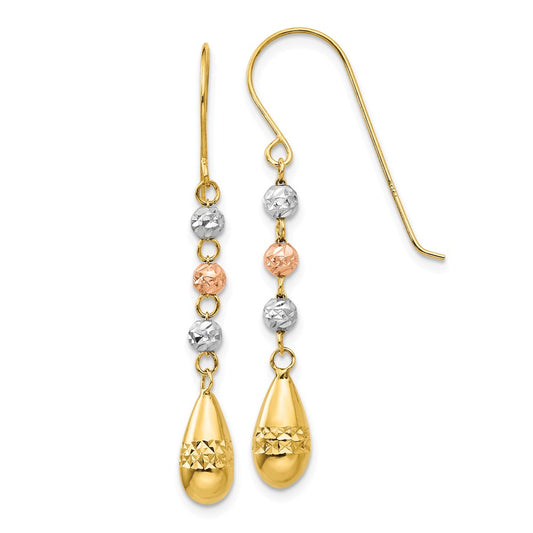 Million Charms 14k Tri-color Puff Teardrop & Bead Dangle Earrings, 39mm x 5mm