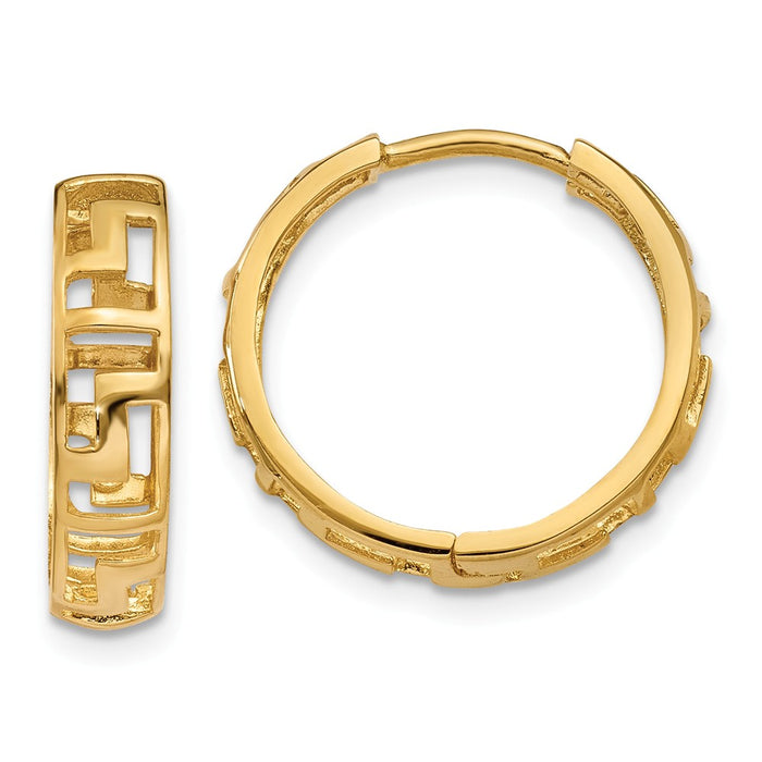 Million Charms 14k Yellow Gold Greek Key Hinged Hoop Earrings, 15mm x 16mm