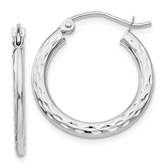Million Charms 14K White Gold Diamond-cut 2.5x20mm Hollow Hoop Earrings, 21mm x 21mm