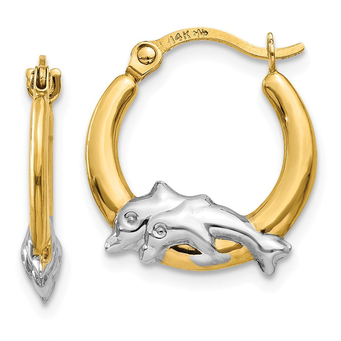 Million Charms 14K & Rhodium Dolphin Hoop Earrings, 15mm x 14mm