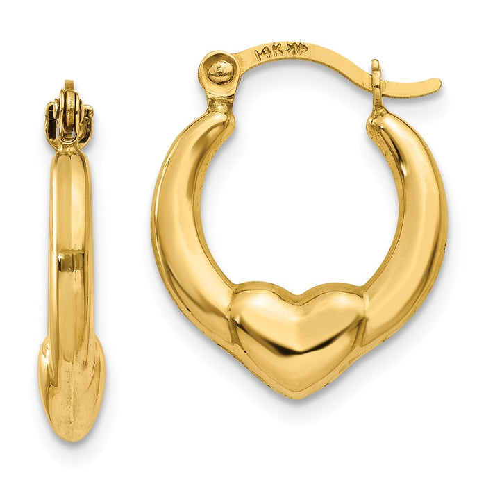 Million Charms 14k Yellow Gold Hollow Heart Hoop Earrings, 15mm x 12mm