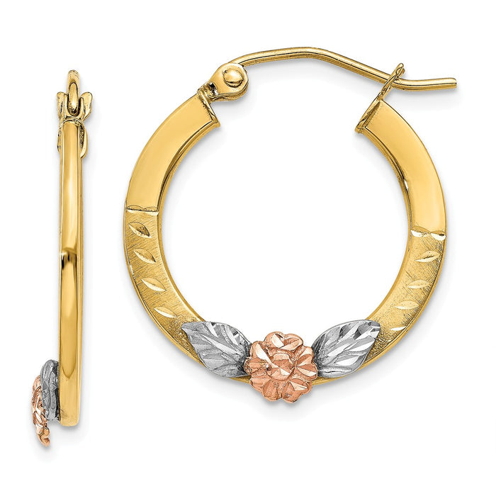 Million Charms 14K Yellow & Rose Gold with Rhodium Diamond-cut Flower Hoop Earrings, 21mm x 20mm