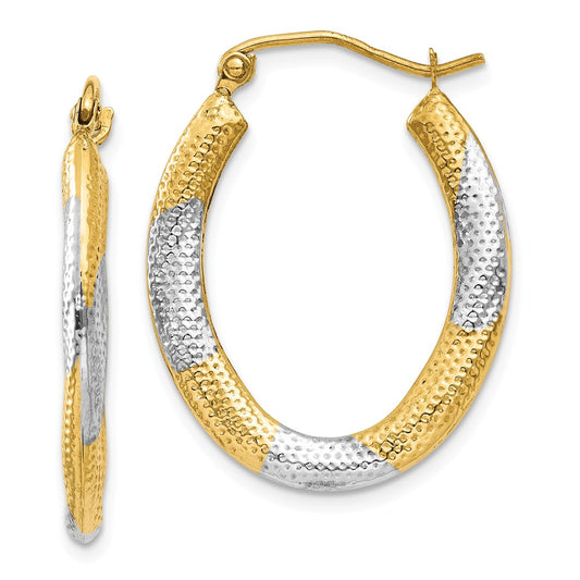Million Charms 14K & Rhodium Textured Hollow Oval Hoop Earrings, 25mm x 20mm