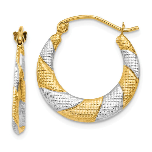 Million Charms 14K & Rhodium Textured Hollow Scalloped Hoop Earrings, 19mm x 18mm