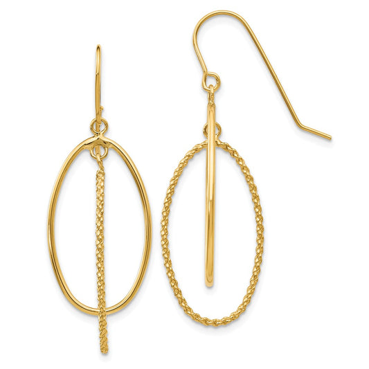 Million Charms 14k Yellow Gold Polished and Textured Ovals Dangle Earrings, 40mm x 14mm