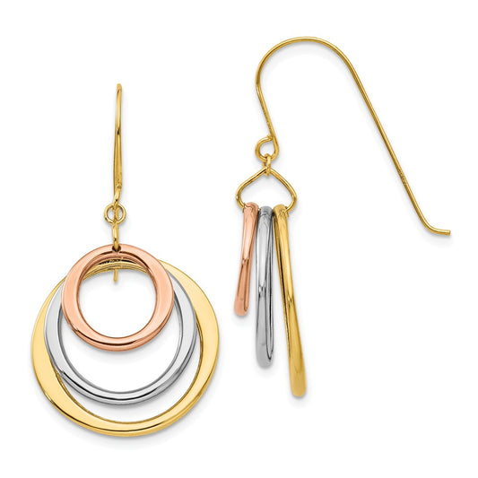 Million Charms 14K Tri-color Circle Dangle Shepherd Hook Earrings, 37mm x 20mm