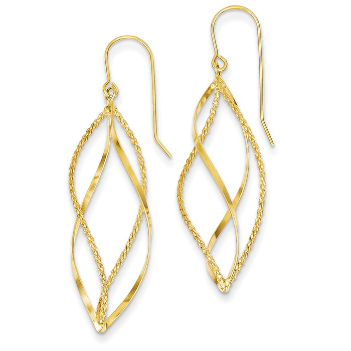 Million Charms 14k Yellow Gold Polished and Textured Twisted Dangle Earrings, 44mm x 13mm