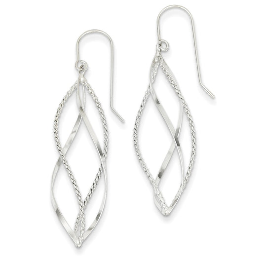 Million Charms 14k White Gold Polished and Textured Twisted Dangle Earrings, 44mm x 13mm