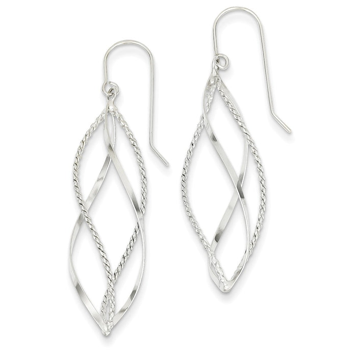 Million Charms 14k White Gold Polished and Textured Twisted Dangle Earrings, 44mm x 13mm