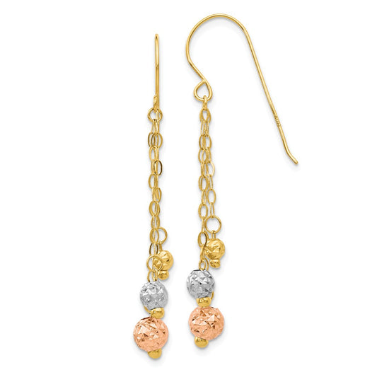 Million Charms 14K Tri-color Strands with Diamond-cut Bead Earrings, 45mm x 10mm