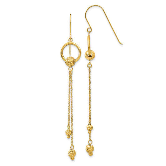 Million Charms 14k Yellow Gold Gold Diamond-cut Dangle Shepherd Hook Earrings, 66mm x 10mm