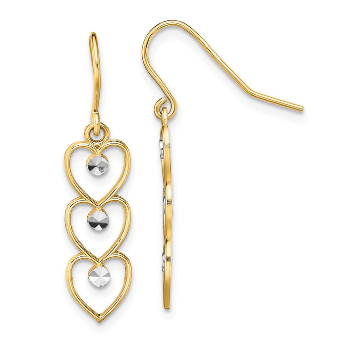 Million Charms 14K & White Rhodium Polished Vertical Hearts Shepherd Hook Earrings, 28mm x 28mm