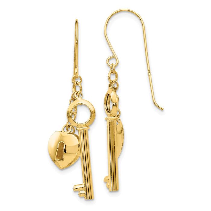 Million Charms 14k Yellow Gold Gold Puff Heart Lock and Key Earrings, 38mm x 13mm