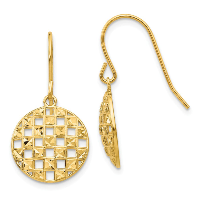 Million Charms 14k Yellow Gold Circle Diamond-cut Shepherd Hook Earrings, 25mm x 14mm