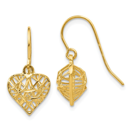 Million Charms 14k Yellow Gold Diamond-cut Puffed Heart Dangle Earrings, 19mm x 10mm