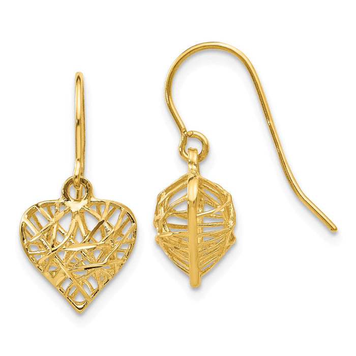 Million Charms 14k Yellow Gold Diamond-cut Puffed Heart Dangle Earrings, 19mm x 10mm