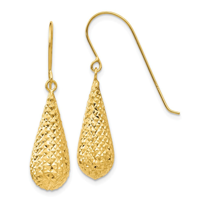 Million Charms 14k Yellow Gold Diamond-cut Puff Tear Drop Dangle Earrings, 29mm x 8mm