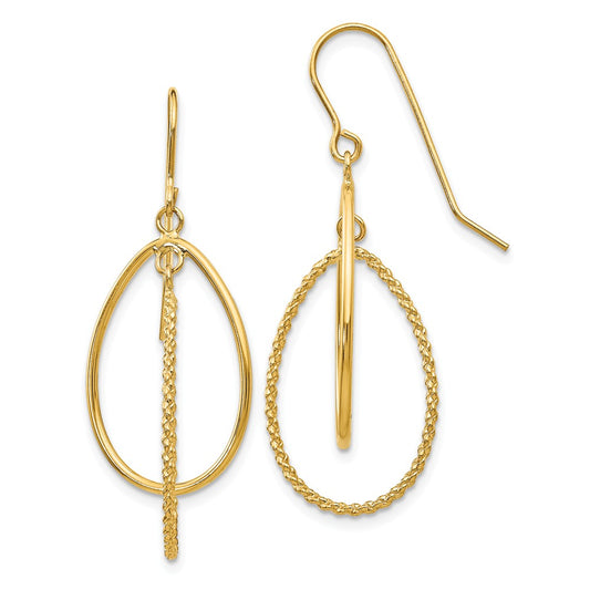 Million Charms 14k Yellow Gold Polished and Textured Ovals Dangle Earrings, 36mm x 17mm