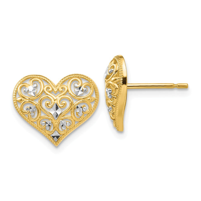 Million Charms 14k Yellow Gold Yellow Gold & Rhodium Fancy Heart Post Earrings, 11mm x 13mm