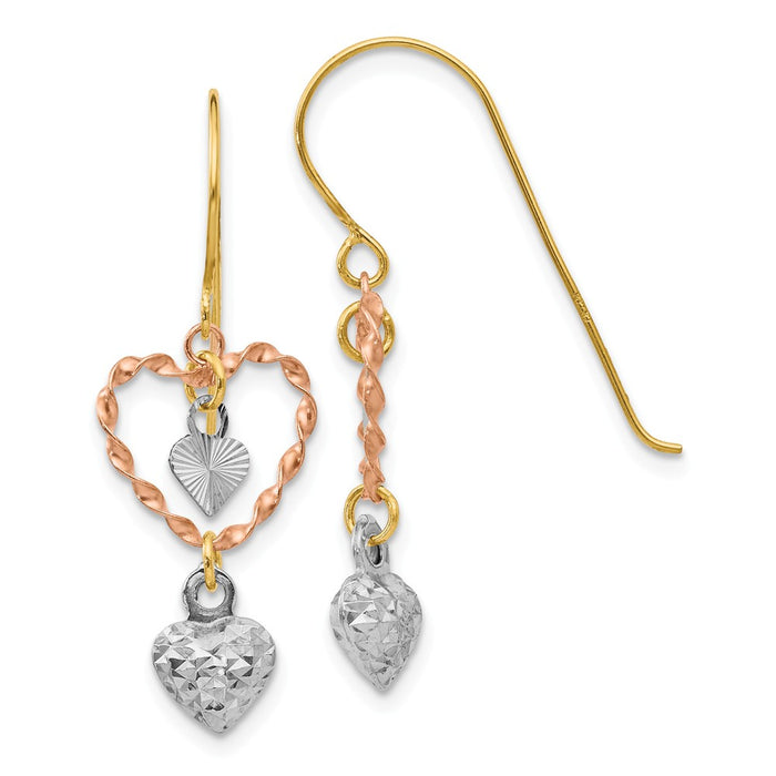 Million Charms 14k Tri-color Diamond-cut Heart Dangle Earrings, 29mm x 11mm