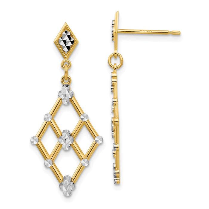 Million Charms 14k Yellow Gold Rhodium-Plated Diamond-Cut Marquise Post Dangle Earrings, 30mm x 13mm