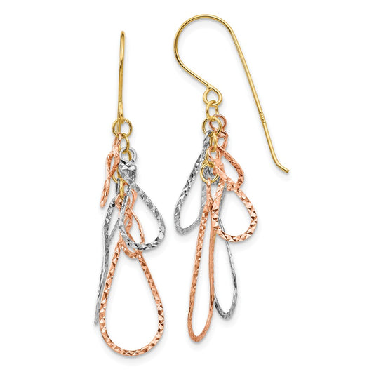 Million Charms 14K Tri-color Diamond-cut Tear Drop Dangle Earrings, 44mm x 10mm