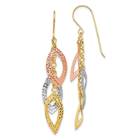 Million Charms 14K Diamond-cut Tri-color Tear Drop Shepherd Hook Earrings, 52mm x 10mm