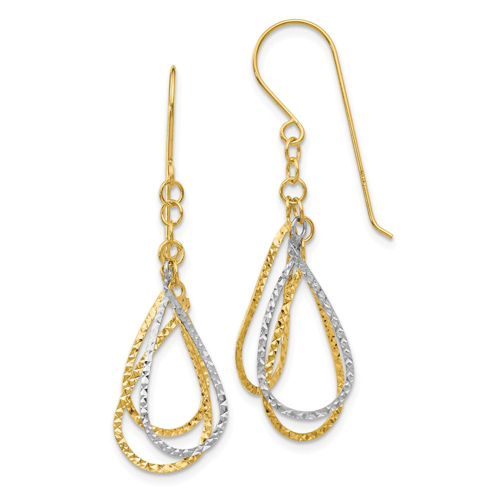 Million Charms 14K Two-tone Diamond-cut Tear Drop Shepherd Hook Earrings, 41mm x 15mm