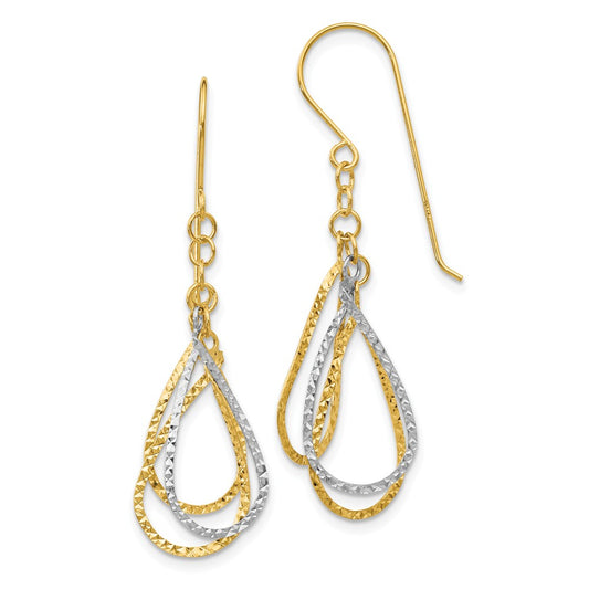 Million Charms 14K Two-tone Diamond-cut Tear Drop Shepherd Hook Earrings, 41mm x 15mm