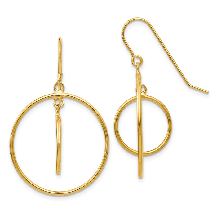 Million Charms 14k Yellow Gold Polished Circles Dangle Earrings, 36mm x 23mm
