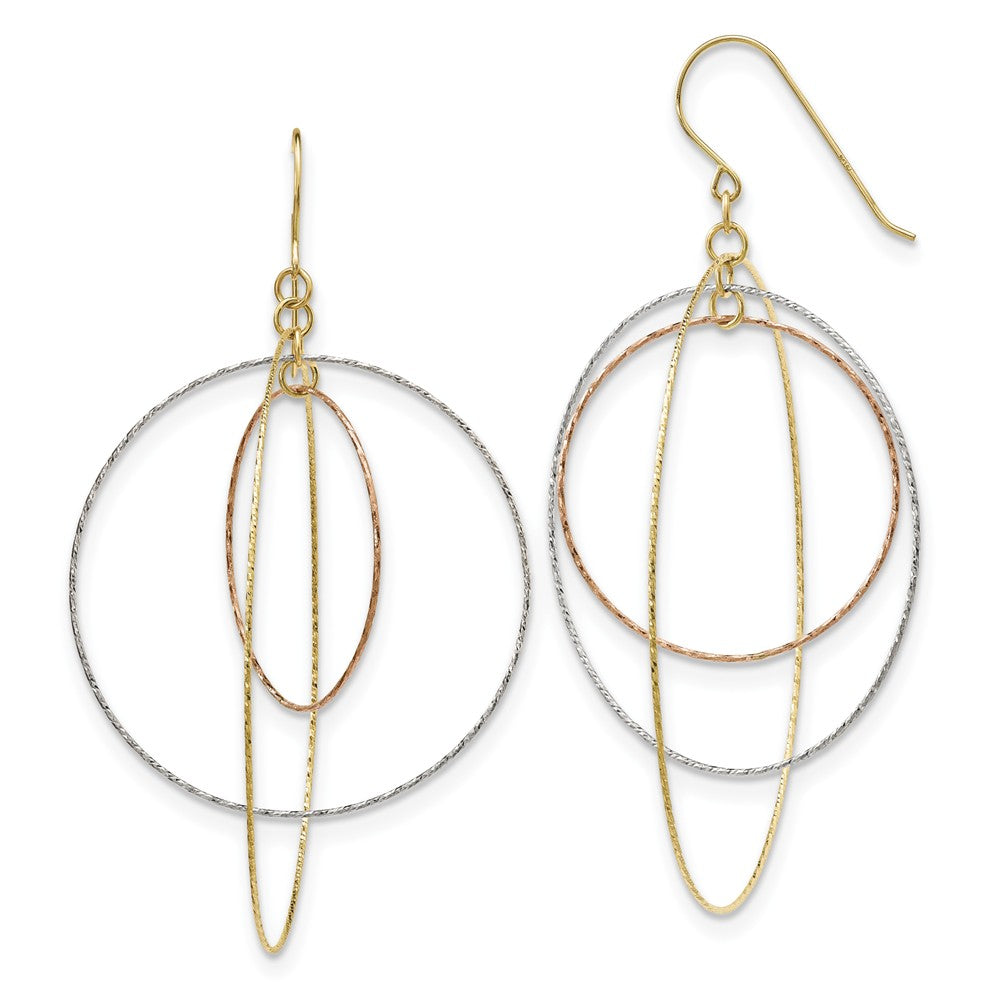Million Charms 14k Tri-color Diamond-Cut Graduated Circles Shepherd Hook Earrings, 70mm x 55mm
