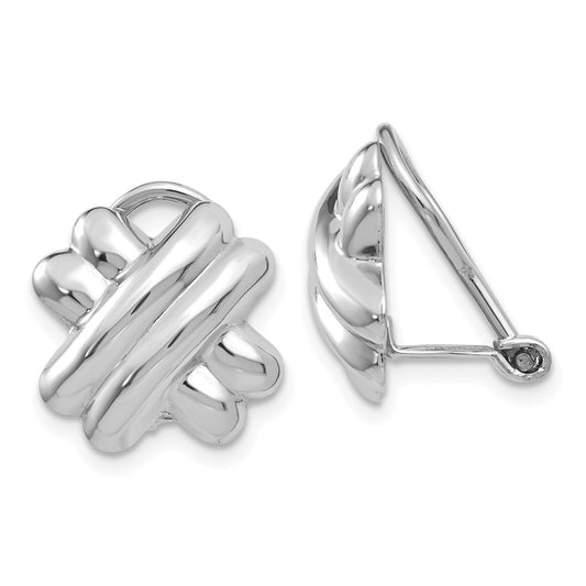 Million Charms 14k White Gold Polished Non-pierced X Omega Back Earrings, 14mm x 13mm