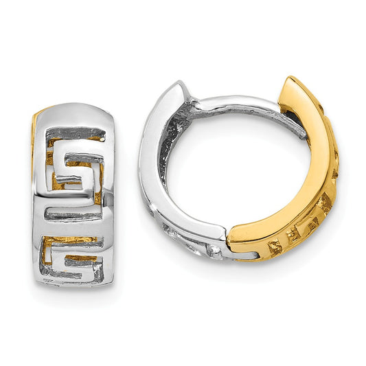 Million Charms 14k Two-tone Greek Key Hinged Hoop Earrings, 9mm x 5.5mm