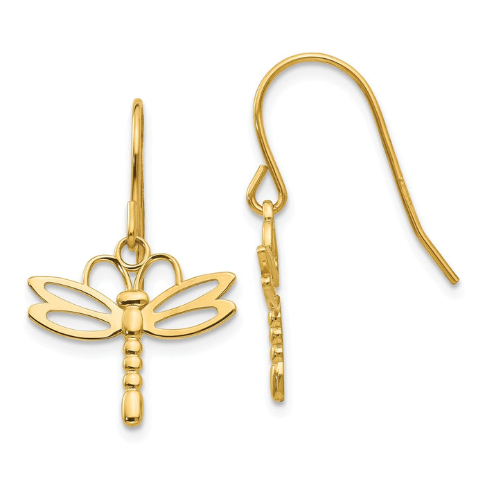 Million Charms 14k Yellow Gold Dragonfly Shepherd Hook Earrings, 26mm x 16mm