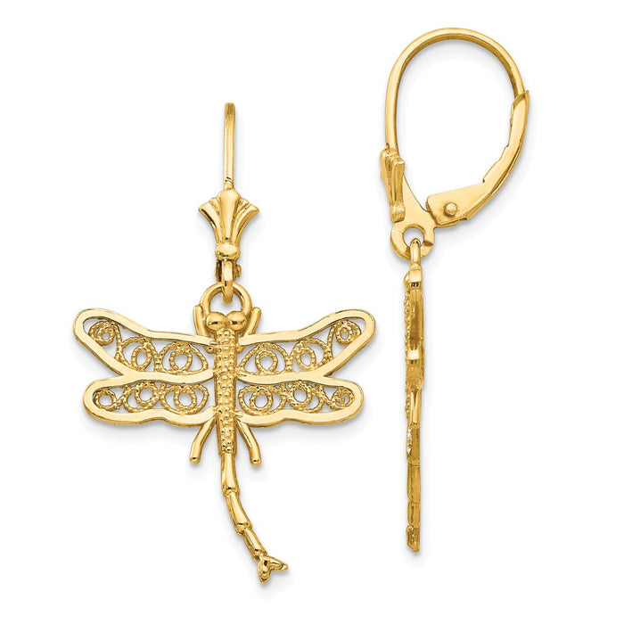 Million Charms 14k Yellow Gold Dragonfly with Filigree Wings Leverback Earrings, 37mm x 21mm