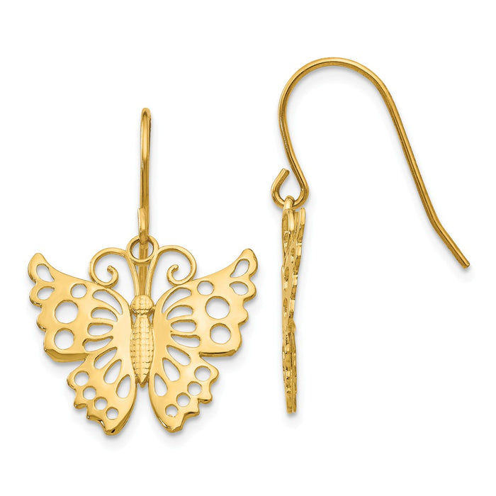 Million Charms 14k Yellow Gold Dangle Butterfly Shepherd Hook Earrings, 27mm x 19mm