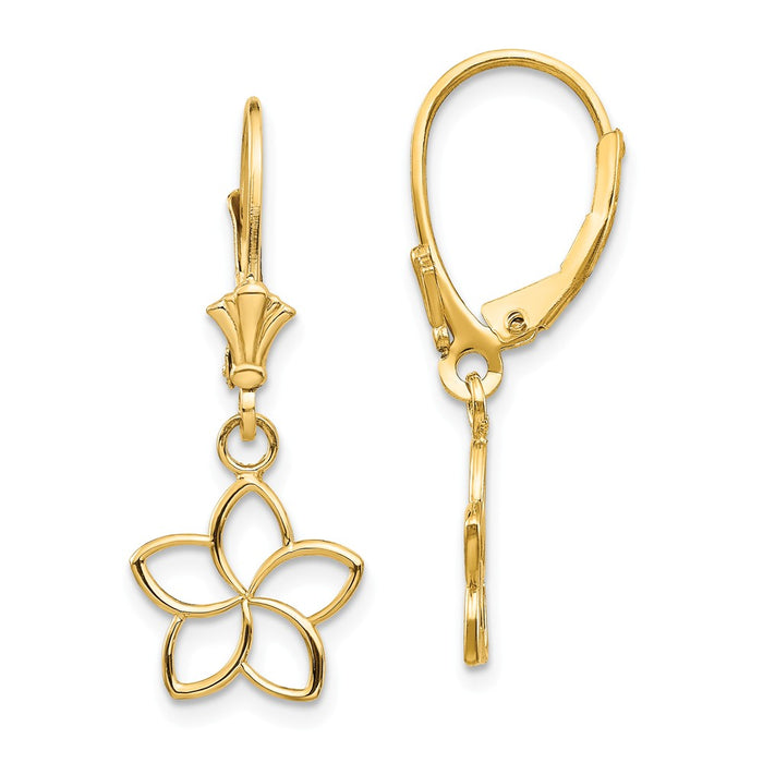 Million Charms 14k Yellow Gold Polished Cut Out Flower Lever Back Earrings, 28mm x 12mm