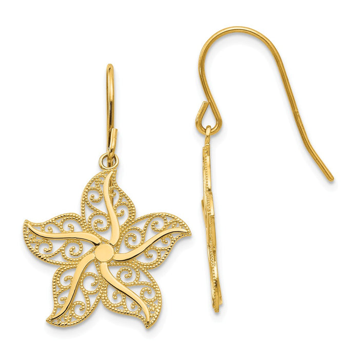 Million Charms 14k Yellow Gold Filigree Starfish Shepherd Hook Earrings, 30mm x 19mm