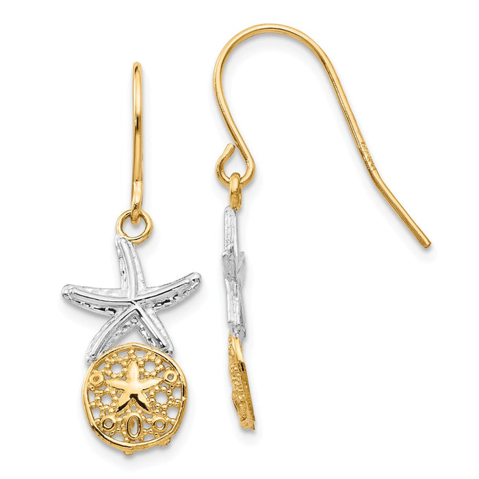 Million Charms 14k & Rhodium Starfish with Sand Dollar Shepherd Hook Earrings, 29mm x 11mm