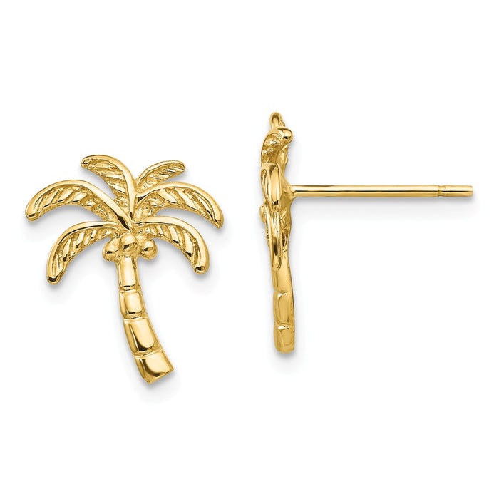 Million Charms 14k Yellow Gold Palm Tree Post Earrings, 14mm x 11mm