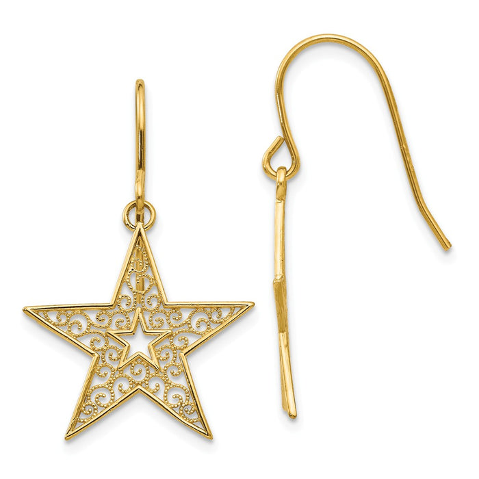 Million Charms 14k Yellow Gold Filigree Star Shepherd Hook Earrings, 31mm x 19mm