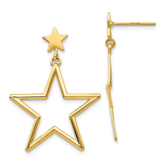 Million Charms 14k Yellow Gold Star Dangle Post Earrings, 31mm x 24mm